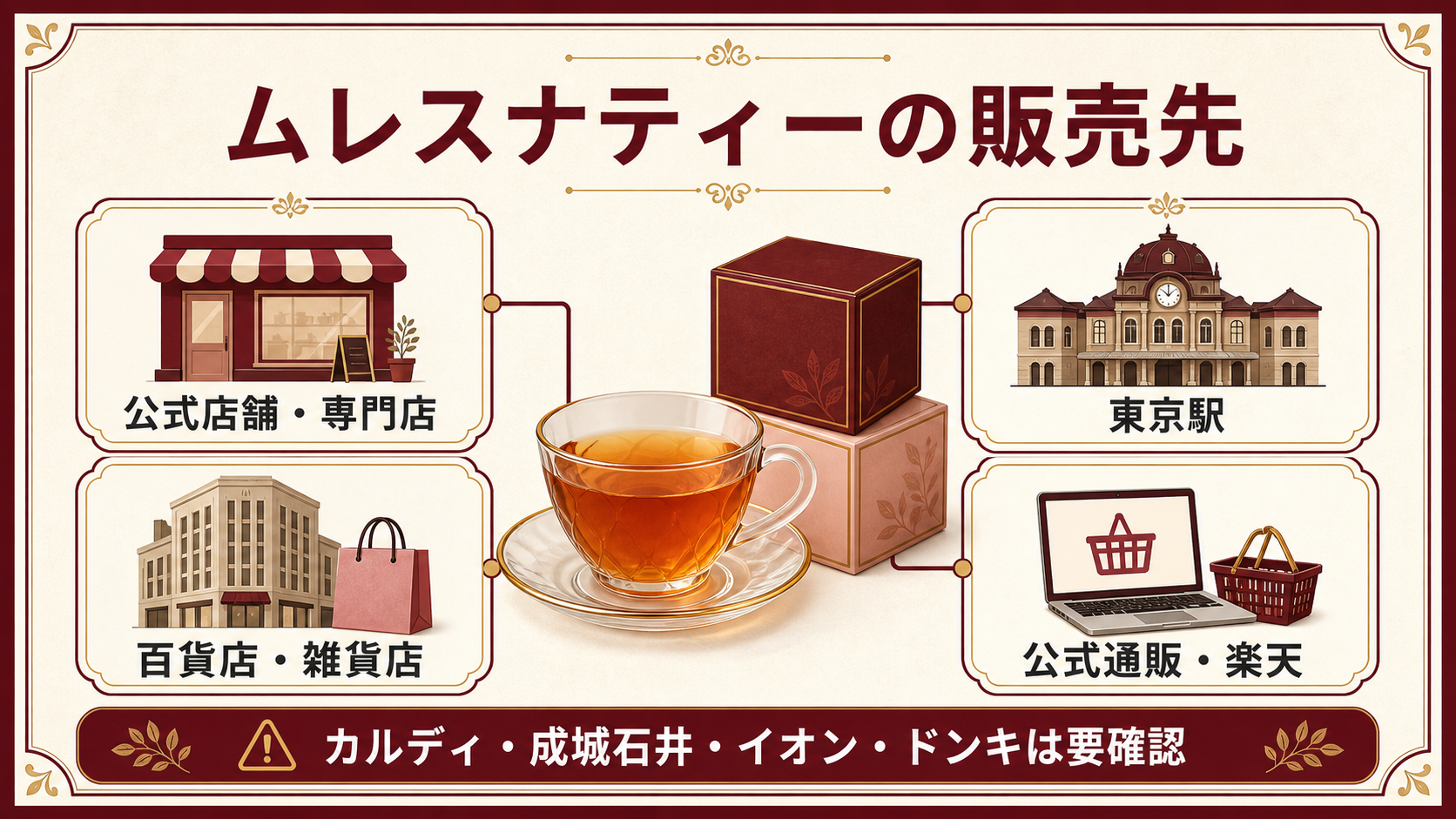 ムレスナティーの販売先を公式店舗・東京駅・百貨店・通販に分けた図解
